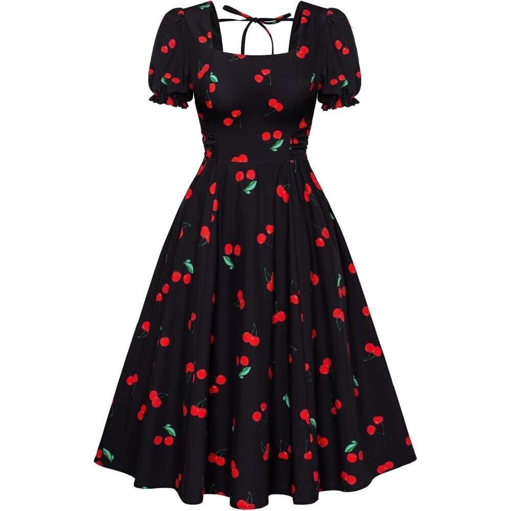 Women Vintage Dress 1950s Cocktail Square Neck Puff Sleeve Dress with Pockets